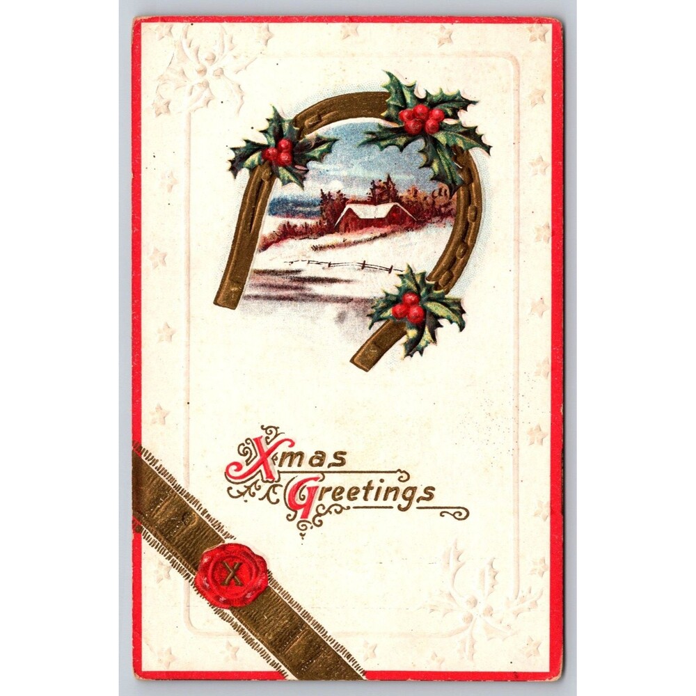 Antique Postcard Christmas Greetings Horseshoe Winter Snow Embossed Posted 1916